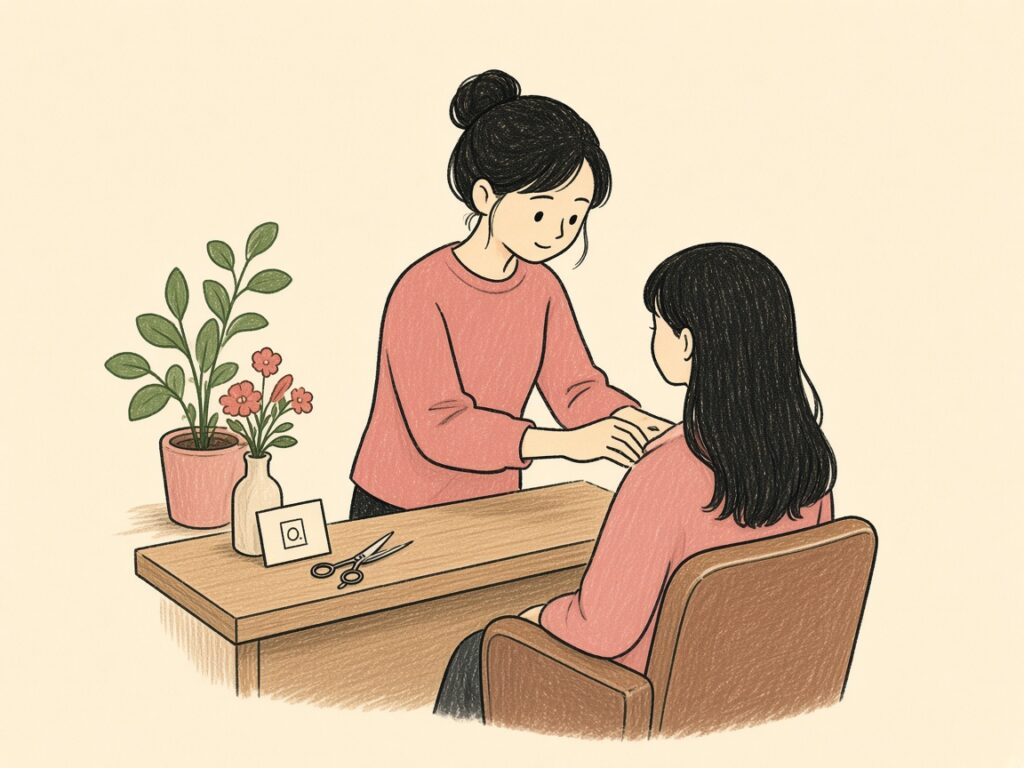 美容室のカウンタで案内の紙を渡している