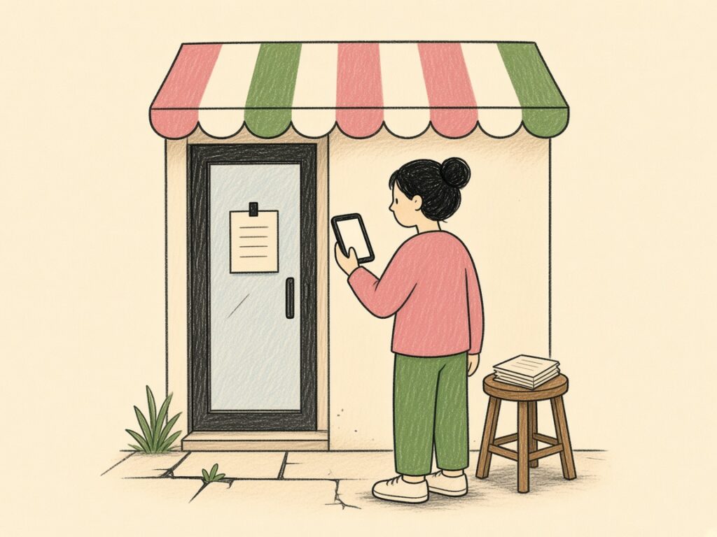店先でスマホと紙の案内
