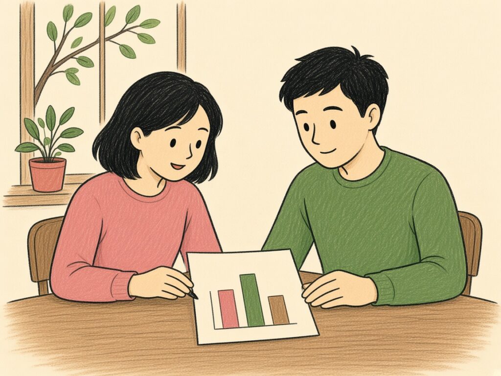 棒グラフを見比べている二人